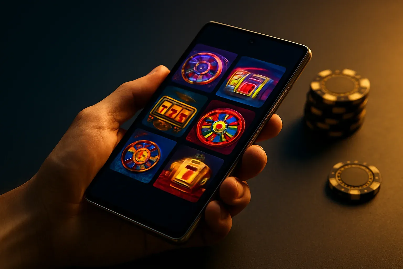 Flagship Android smartphone displaying vivid casino app interface in dramatic lighting