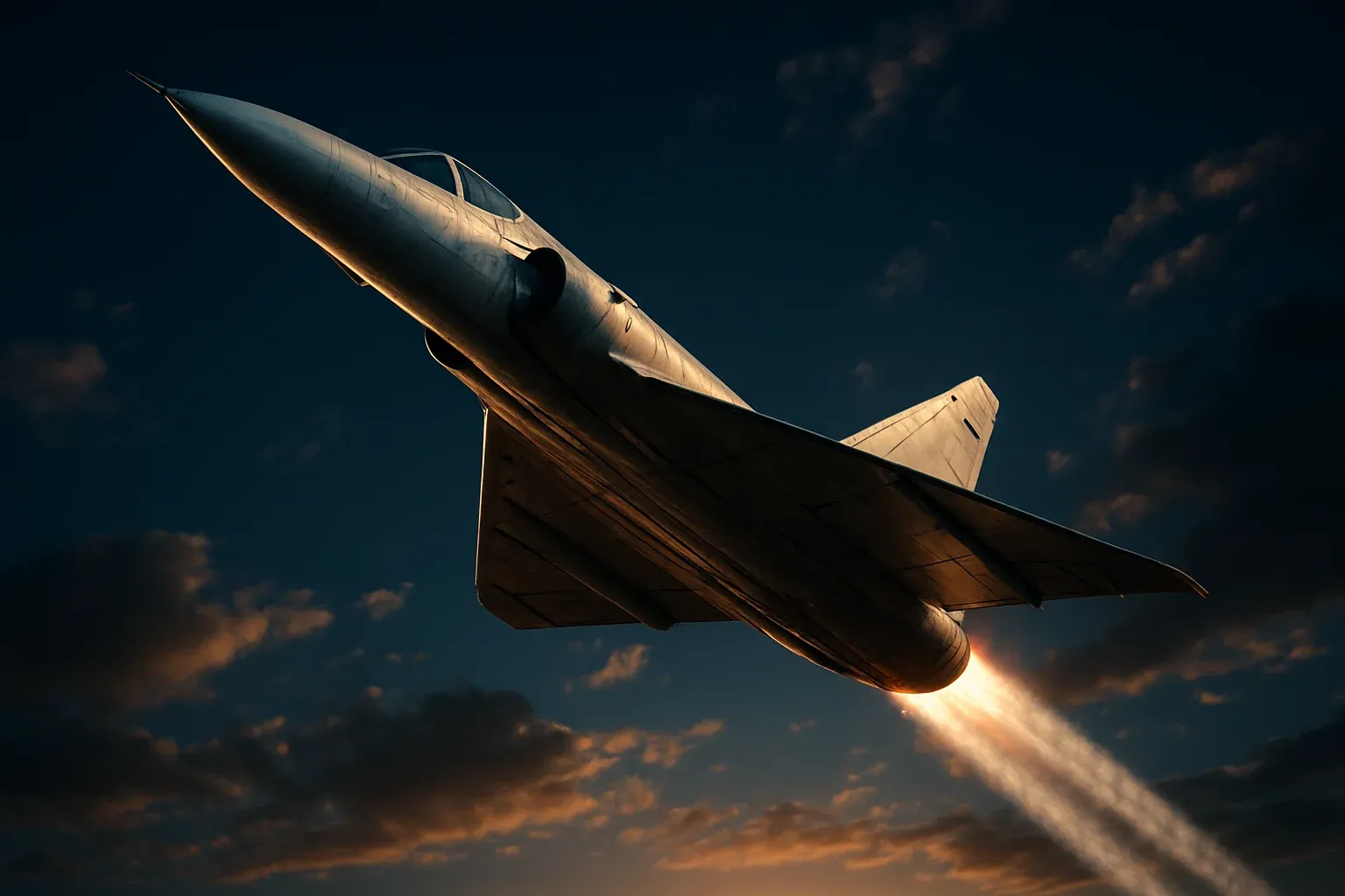 Sleek white jet aircraft climbing steeply through dramatic blue sky