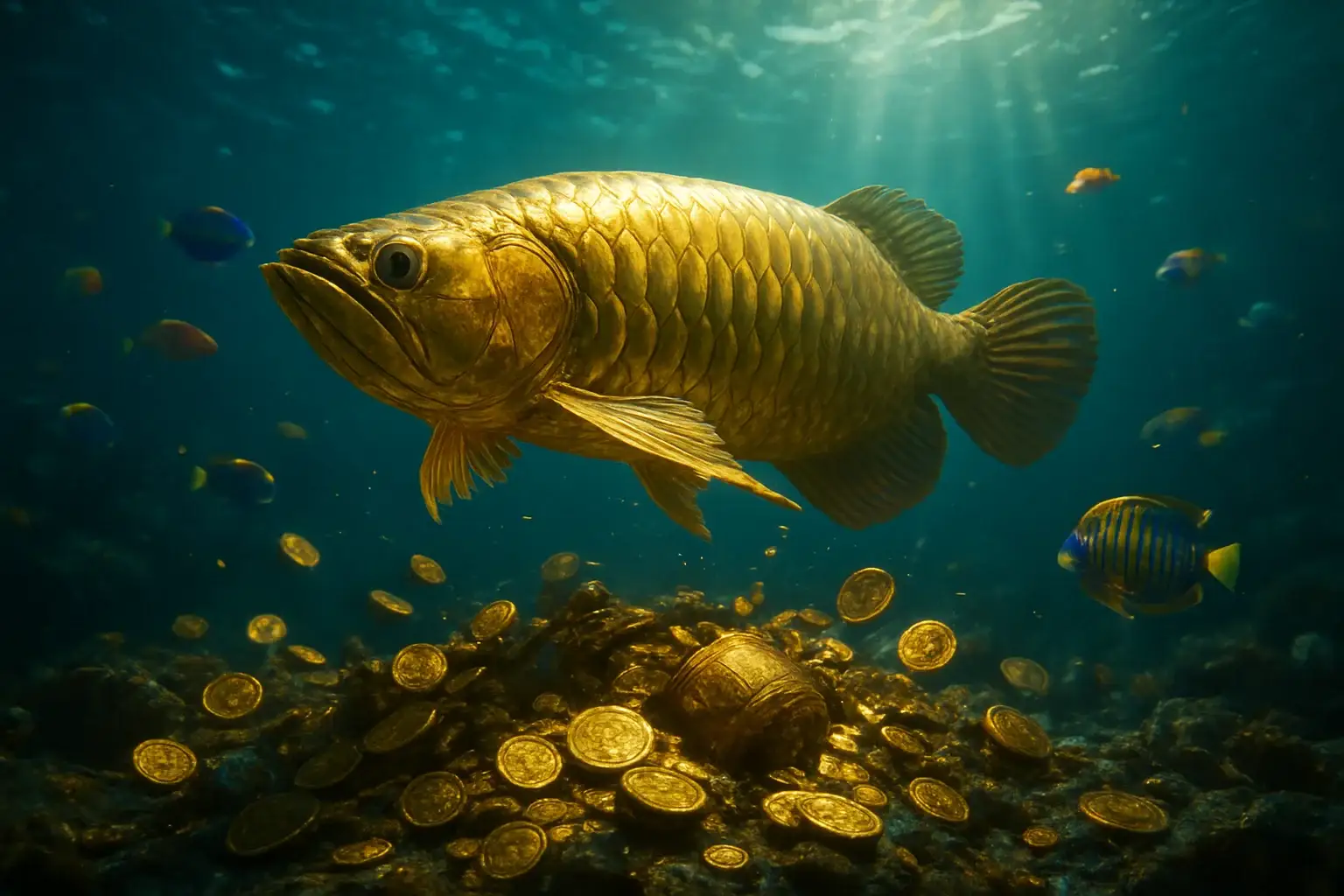 Massive golden dragon fish underwater with glowing coins and treasure