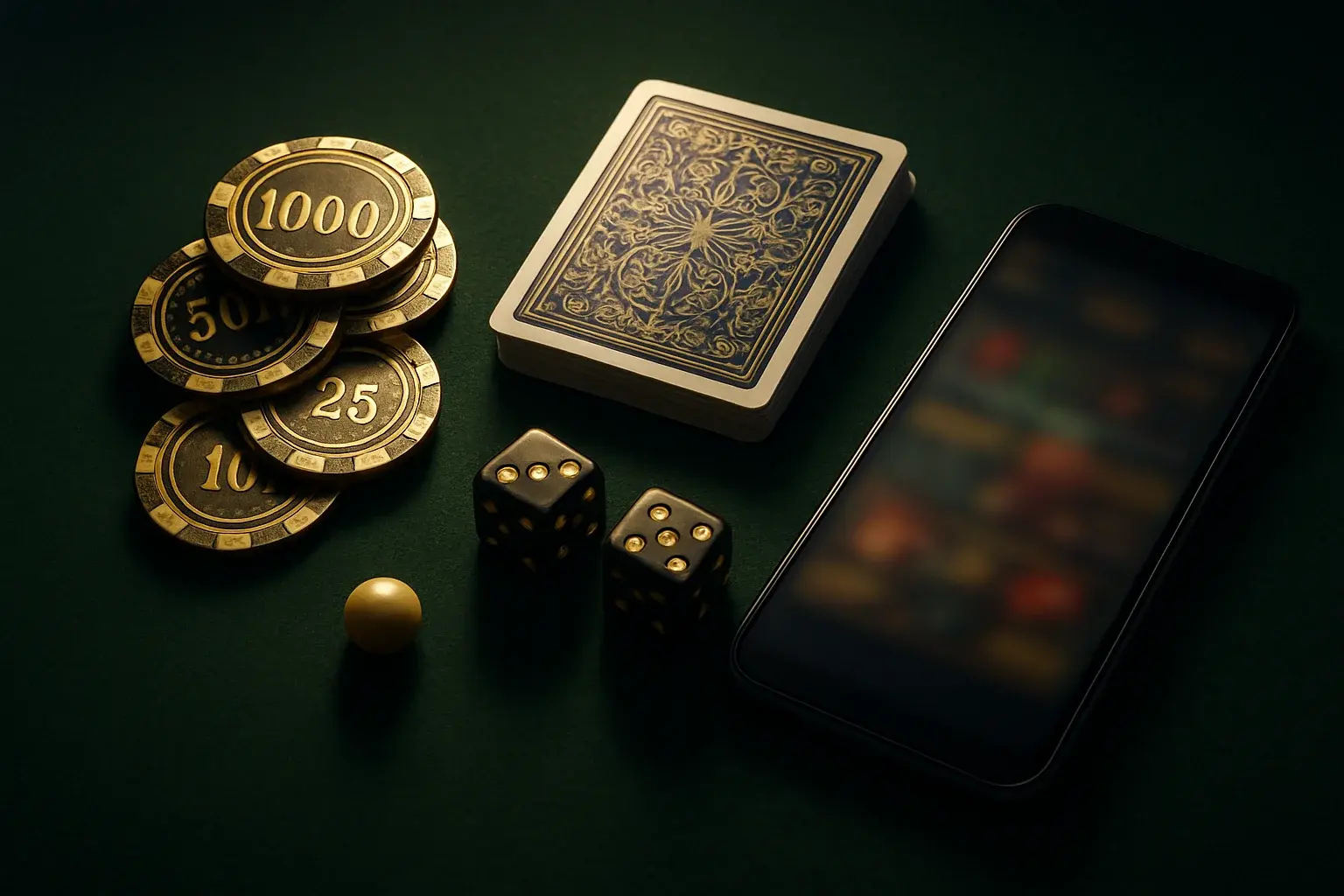 Top-down casino table with gold chips, cards, dice, roulette ball, smartphone