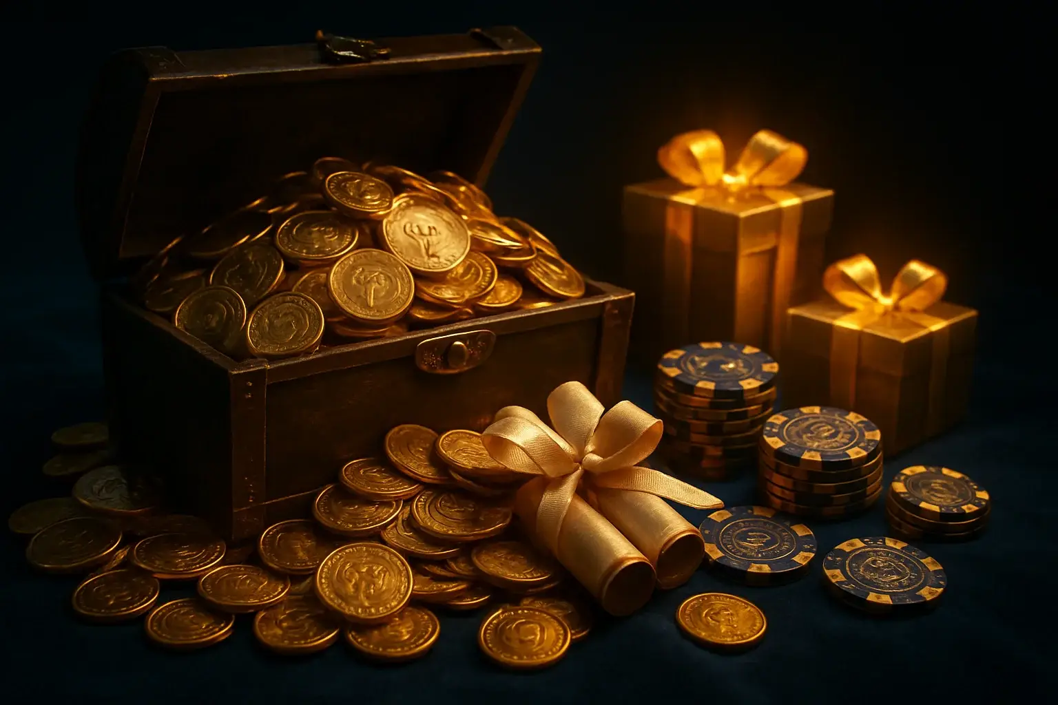 Overflowing treasure chest with gold coins, casino chips, vouchers, and gifts