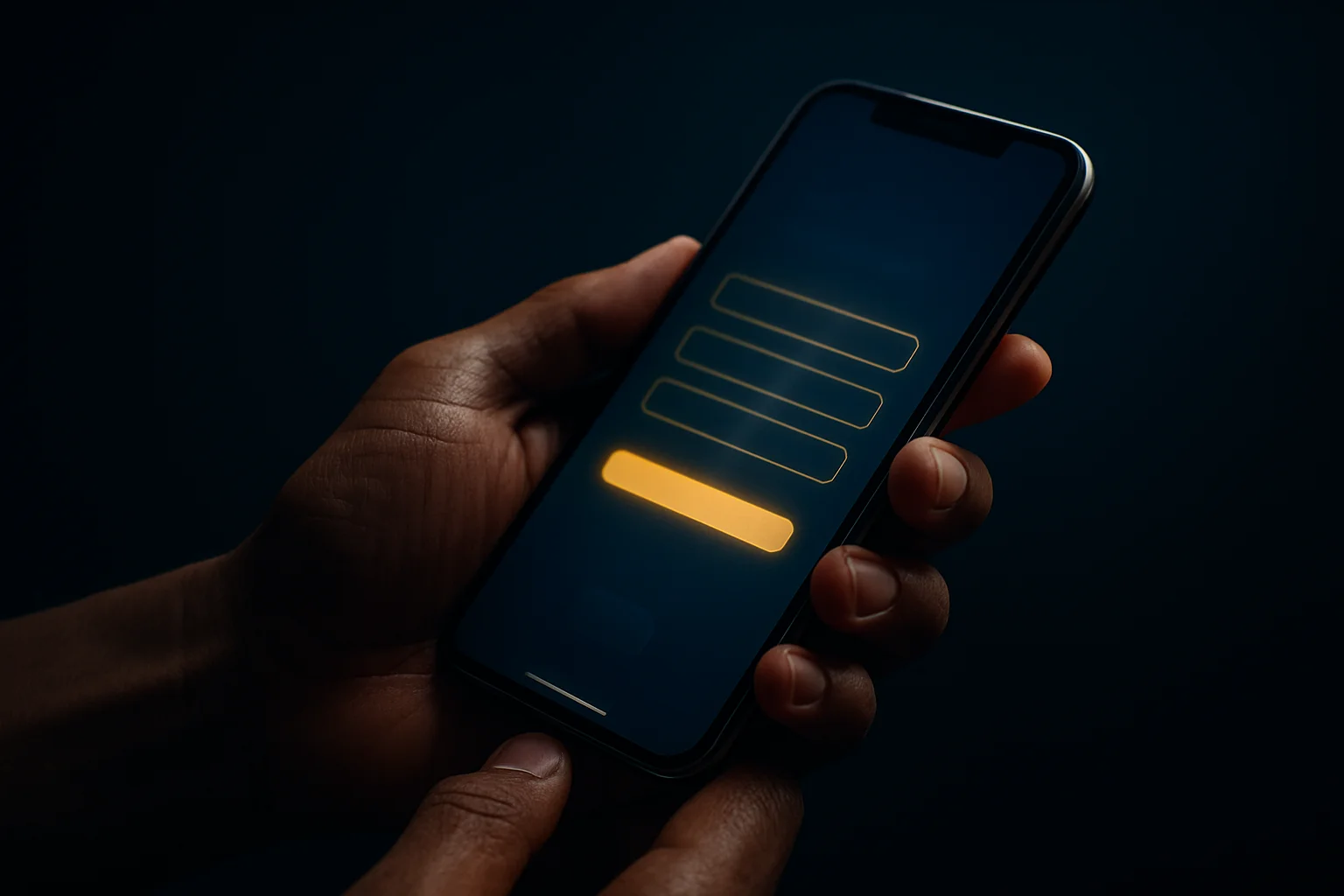 Filipino man's hands holding smartphone with glowing registration interface