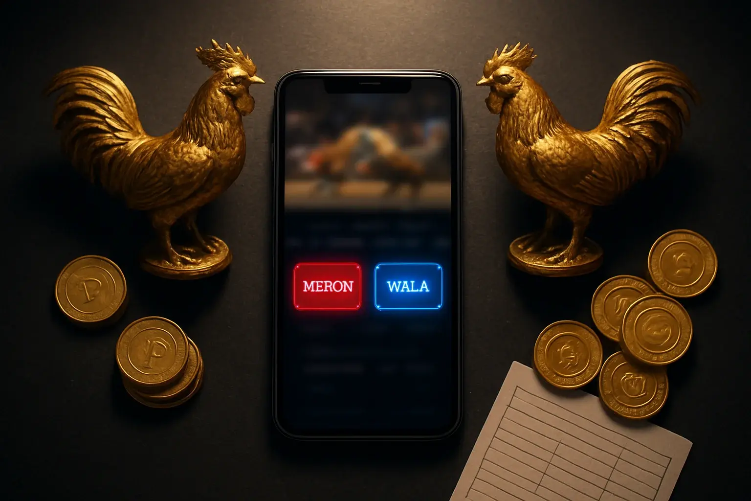 Smartphone with sabong betting interface, golden roosters, coins, and chips